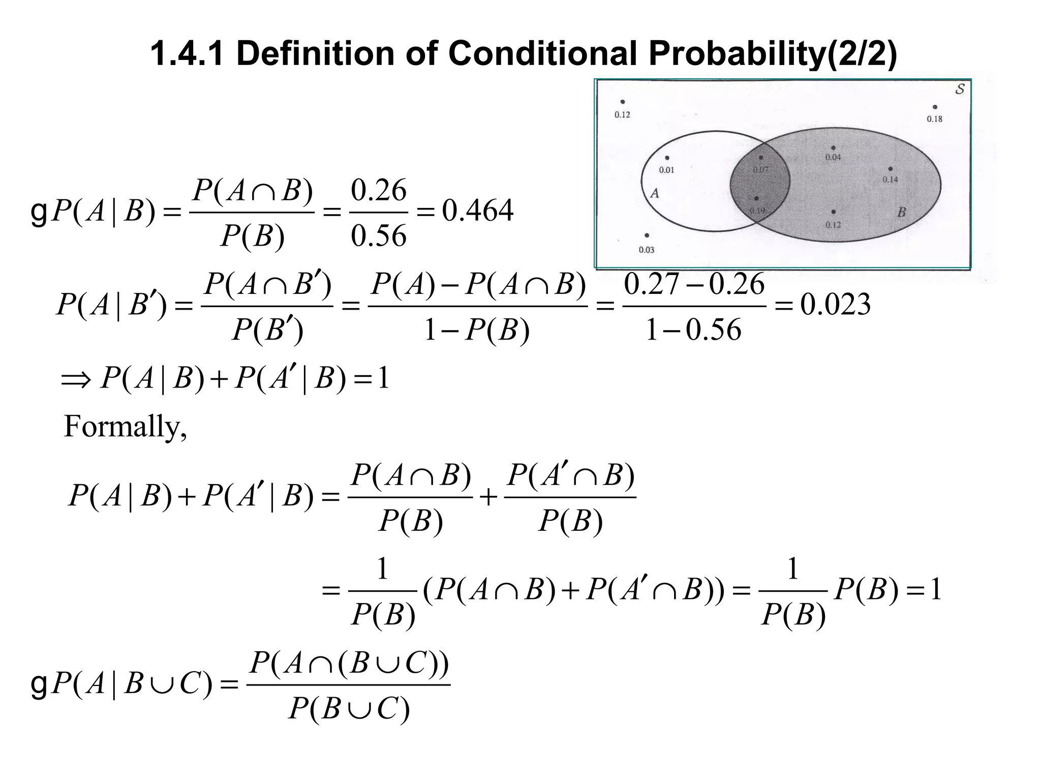 1.4.1 Definition of Conditional Probability(2/2)
( ) 0.26
( | ) 0.464
( ) 0.56
( ) ( ) ( ) 0.27 0.26
( | ) 0.023
( ) 1 ( ) 1 0.56
( | ) ( | ) 1
Formally,
( ) ( )
( | ) ( | )
( ) ( )
1 1
( ( ) ( )) ( ) 1
( ) ( )
( |
P A B
P A B
P B
P A B P A P A B
P A B
P B P B
P A B P A B
P A B P A B
P A B P A B
P B P B
P A B P A B P B
P B P B
P A
∩
= = =
′∩ − ∩ −
′ = = = =
′ − −
′⇒ + =
′∩ ∩
′+ = +
′= ∩ + ∩ = =
g
g
( ( ))
)
( )
P A B C
B C
P B C
∩ ∪
∪ =
∪
 