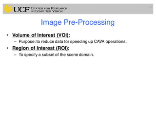 Image Pre-Processing
• Volume of Interest (VOI):
– Purpose: to reduce data for speeding up CAVA operations.
• Region of Interest (ROI):
– To specify a subset of the scene domain.
13
 