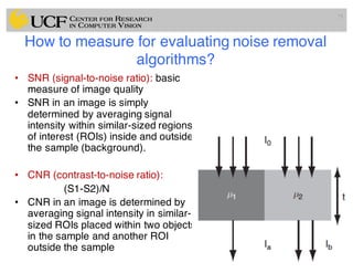 How to measure for evaluating noise removal
algorithms?
• SNR (signal-to-noise ratio): basic
measure of image quality
• SNR in an image is simply
determined by averaging signal
intensity within similar-sized regions
of interest (ROIs) inside and outside
the sample (background).
• CNR (contrast-to-noise ratio):
(S1-S2)/N
• CNR in an image is determined by
averaging signal intensity in similar-
sized ROIs placed within two objects
in the sample and another ROI
outside the sample
75
 