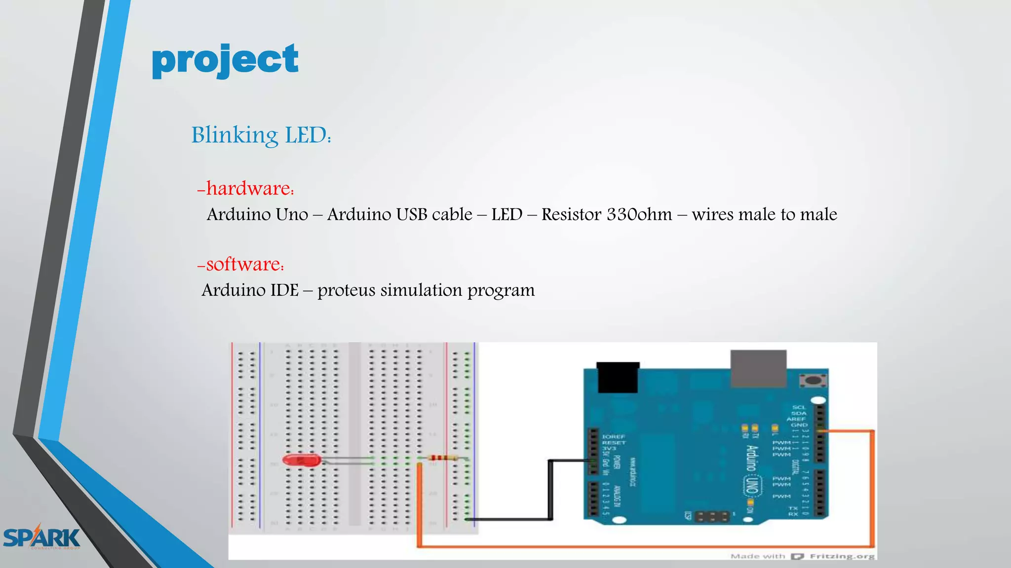 project
Blinking LED:
-hardware:
Arduino Uno – Arduino USB cable – LED – Resistor 330ohm – wires male to male
-software:
Arduino IDE – proteus simulation program
 
