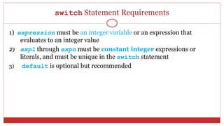 switch Statement Requirements
1) expression must be an integer variable or an expression that
evaluates to an integer value
2) exp1 through expn must be constant integer expressions or
literals, and must be unique in the switch statement
3) default is optional but recommended
 