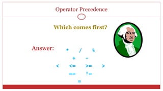 Operator Precedence
Which comes first?
* / %
+ -
< <= >= >
== !=
=
Answer:
 
