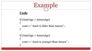 Code
if (AmirAge > AmaraAge)
{
cout<< “Amir is older than Amara” ;
}
if (AmirAge < AmaraAge)
{
cout<< “Amir is younger than Amara” ;
}
Example
 