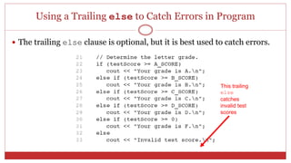 Using a Trailing else to Catch Errors in Program
 The trailing else clause is optional, but it is best used to catch errors.
This trailing
else
catches
invalid test
scores
 