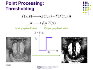 9/30/2023 11
Point Processing:
Thresholding
))
,
(
(
)
,
(
)
,
( y
x
f
T
y
x
g
y
x
f 


)
(

 T



Input gray-level value Output gray-level value

)
(
 T

0

2

 