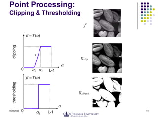 9/30/2023 14
Point Processing:
Clipping & Thresholding
f

)
(
 T

2

1

0 L-1
s

)
(
 T

1

0 L-1
clipping
thresholding
clip
g
thresh
g
 