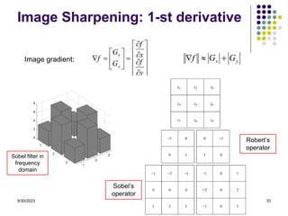 9/30/2023 33
Image Sharpening: 1-st derivative

























y
f
x
f
G
G
f
y
x
Image gradient: y
x G
G
f 


Robert’s
operator
Sobel’s
operator
Sobel filter in
frequency
domain
 