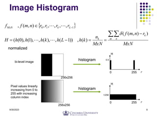 9/30/2023 8
Image Histogram
 
MxN
r
n
m
f
MxN
n
k
h
L
h
k
h
h
h
H
r
r
r
r
n
m
f
f
m n
k
k
L
k
MxN
 




 
)
)
,
(
(
)
(
,
))
1
(
,
),
(
,
),
1
(
),
0
(
(
,
,
,
,
,
)
,
(
, 1
1
0





histogram
histogram
bi-level image
Pixel values linearly
increasing from 0 to
255 with increasing
column index
normalized
256x256
256x256
r
H
r
H
255
255
0
0.5
0
1/256
 