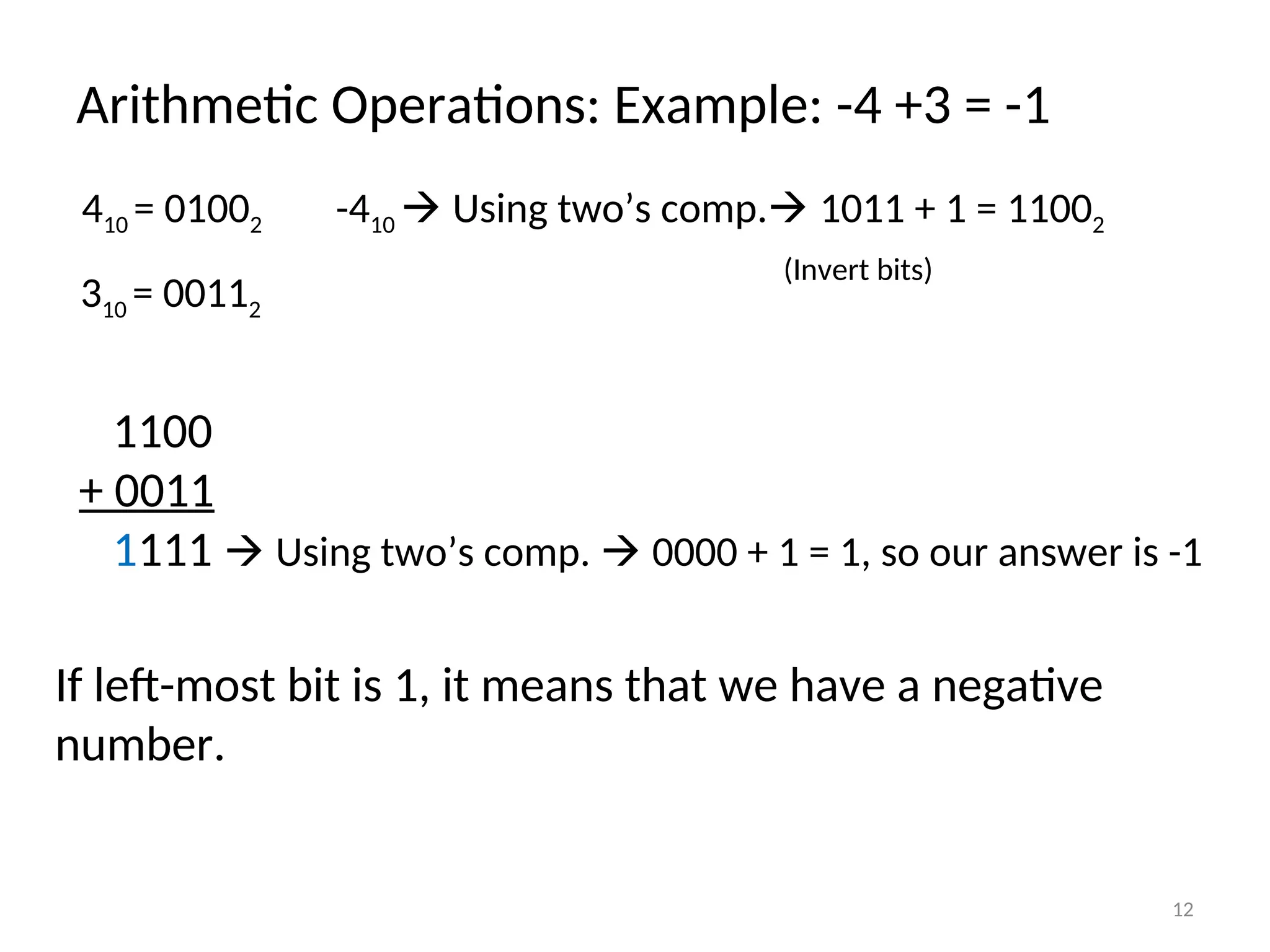 Arithmetic Operations: Example: -4 +3 = -1
1100
+ 0011
1111  Using two’s comp.  0000 + 1 = 1, so our answer is -1
410 = 01002 -410  Using two’s comp. 1011 + 1 = 11002
(Invert bits)
310 = 00112
If left-most bit is 1, it means that we have a negative
number.
12
 