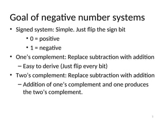 Goal of negative number systems
• Signed system: Simple. Just flip the sign bit
• 0 = positive
• 1 = negative
• One’s complement: Replace subtraction with addition
– Easy to derive (Just flip every bit)
• Two’s complement: Replace subtraction with addition
– Addition of one’s complement and one produces
the two’s complement.
3
 