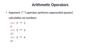 Arithmetic Operators
• Exponent (**) operator performs exponential (power)
calculation on numbers
>>> 3 ** 2
9
>>> 3 ** 3
27
>>> 3 ** 4
81
 