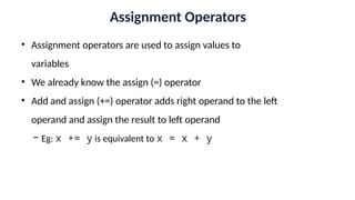 Assignment Operators
• Assignment operators are used to assign values to
variables
• We already know the assign (=) operator
• Add and assign (+=) operator adds right operand to the left
operand and assign the result to left operand
− Eg: x += y is equivalent to x = x + y
 