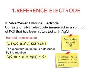 1.REFERENCE ELECTRODE
2. Silver/Silver Chloride Electrode
Consists of silver electrode immersed in a solution
of KCl that has been saturated with AgCl
Most widely
marketed
RE
Half-cell representation
Ag | AgCl (sat’d), KCl (x M) ||
The electrode potential is determined
by the reaction
AgCl(s) + e ⇔ Ag(s) + Cl- The AgCl-coated Ag wire
is immersed in KCl
solution that is saturated
with AgCl.
 