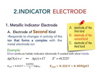 2.INDICATOR ELECTRODE
1. Metallic Indicator Electrode
A. electrode of the
first kind
B. electrode of the
second kind
C. electrode of the
third kind
A. Electrode of Second Kind
-Responds to changes in activity of the
ion that forms a complex with the
metal electrode ion
𝐸"#$ = 0.222	𝑉 −
0.0592
1
log𝑎NO
Example:
Silver works as halide indicator electrode if coated with silver halide.
AgCl(s) + e−
↔ Ag(s) + Cl−
Eo
= +0.222V
𝑬𝒊𝒏𝒅 = 𝟎. 𝟐𝟐𝟐	𝑽 + 𝟎. 𝟎𝟓𝟗𝟐𝒑𝑪𝒍
 