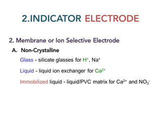 2.INDICATOR ELECTRODE
2. Membrane or Ion Selective Electrode
A. Non-Crystalline
Liquid - liquid ion exchanger for Ca2+
Immobilized liquid - liquid/PVC matrix for Ca2+ and NO3
-
Glass - silicate glasses for H+, Na+
 