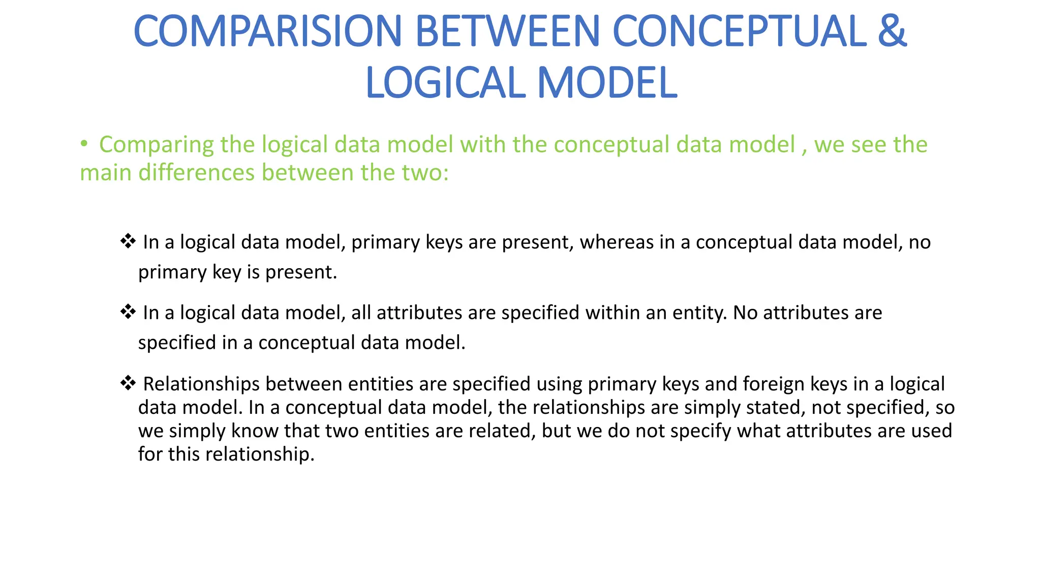 COMPARISION BETWEEN CONCEPTUAL &
LOGICAL MODEL
• Comparing the logical data model with the conceptual data model , we see the
main differences between the two:
❖ In a logical data model, primary keys are present, whereas in a conceptual data model, no
primary key is present.
❖ In a logical data model, all attributes are specified within an entity. No attributes are
specified in a conceptual data model.
❖ Relationships between entities are specified using primary keys and foreign keys in a logical
data model. In a conceptual data model, the relationships are simply stated, not specified, so
we simply know that two entities are related, but we do not specify what attributes are used
for this relationship.
 