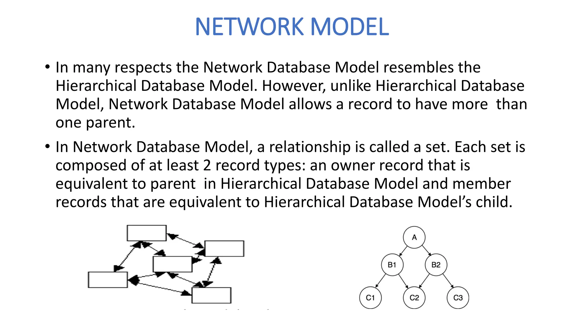 NETWORK MODEL
• In many respects the Network Database Model resembles the
Hierarchical Database Model. However, unlike Hierarchical Database
Model, Network Database Model allows a record to have more than
one parent.
• In Network Database Model, a relationship is called a set. Each set is
composed of at least 2 record types: an owner record that is
equivalent to parent in Hierarchical Database Model and member
records that are equivalent to Hierarchical Database Model’s child.
 