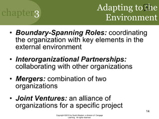 Adapting to the Environment Boundary-Spanning Roles:  coordinating the organization with key elements in the external environment Interorganizational Partnerships:  collaborating with other organizations Mergers:  combination of two organizations Joint Ventures:  an alliance of organizations for a specific project Copyright ©2010 by South-Western, a division of  Cengage Learning.  All rights reserved. 0 