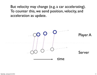 But velocity may change (e.g. a car accelerating).
                  To counter this, we send position, velocity, and
                  acceleration as update.



                                                               Player A



                                                               Server
                                                 time


Saturday, January 23, 2010                                                11
 