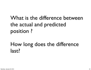 What is the difference between
                   the actual and predicted
                   position ?

                   How long does the difference
                   last?

Saturday, January 23, 2010                          24
 