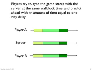 Players try to sync the game states with the
                    server at the same wallclock time, and predict
                    ahead with an amount of time equal to one-
                    way delay.


                             Player A


                             Server


                             Player B


Saturday, January 23, 2010                                           37
 