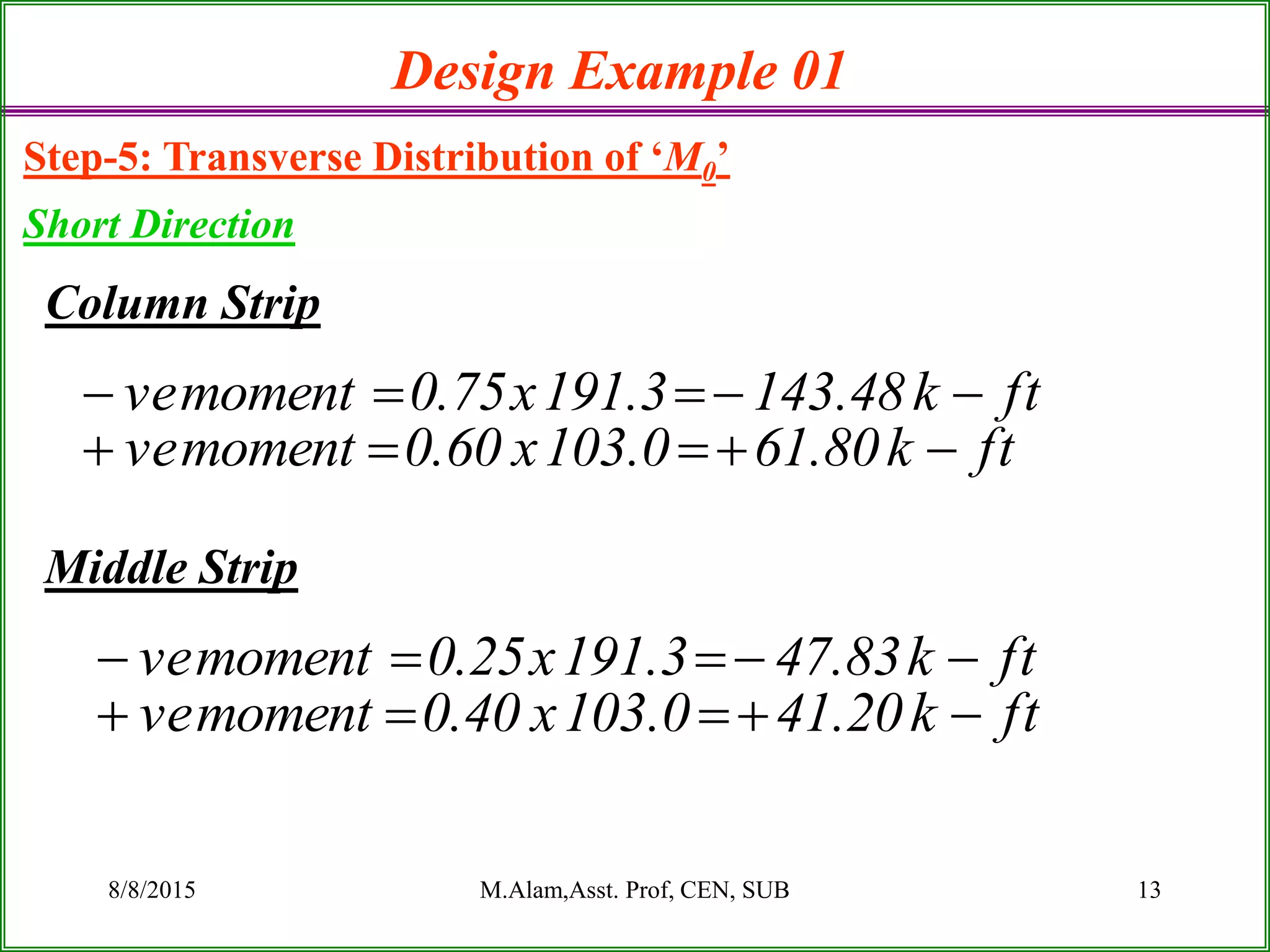 8/8/2015 M.Alam,Asst. Prof, CEN, SUB 13
Column Strip
Middle Strip
Design Example 01
Step-5: Transverse Distribution of ‘M0’
Short Direction
ftk80.610.103x60.0momentve
ftk48.1433.191x75.0momentve


ftk20.410.103x40.0momentve
ftk83.473.191x25.0momentve


 
