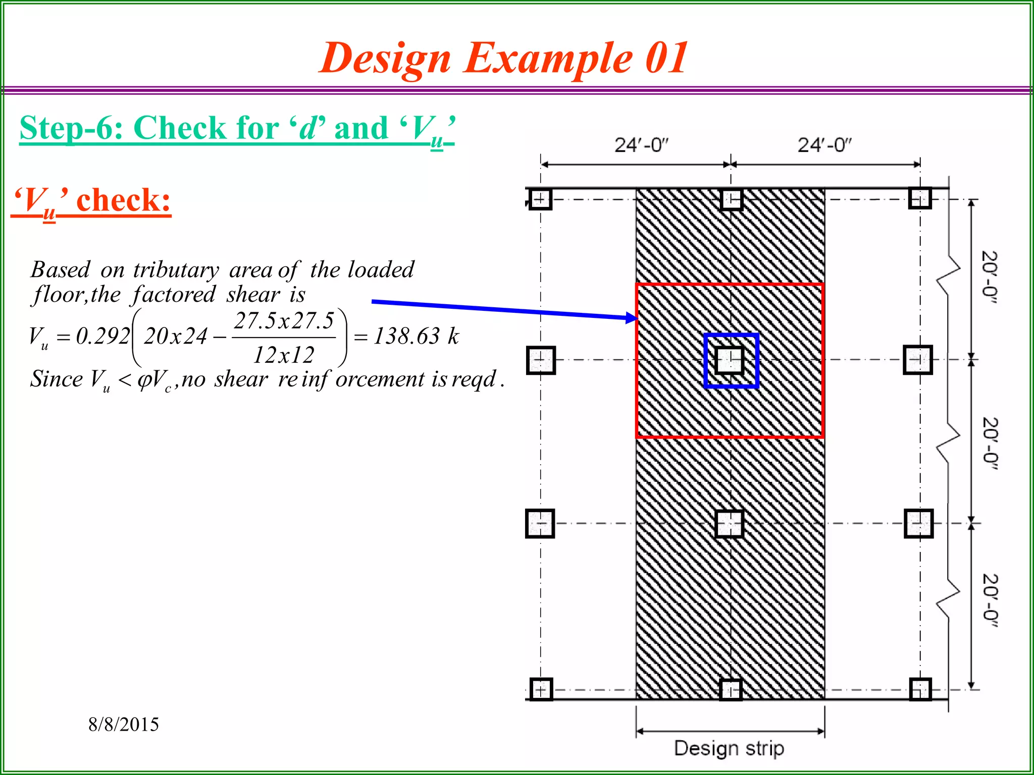 8/8/2015 16
Design Example 01
Step-6: Check for ‘d’ and ‘Vu’
.reqdisorcementinfreshearno,VVSince
k63.138
12x12
5.27x5.27
24x20292.0V
isshearfactoredthe,floor
loadedtheofareatributaryonBased
cu
u








‘Vu’ check:
 