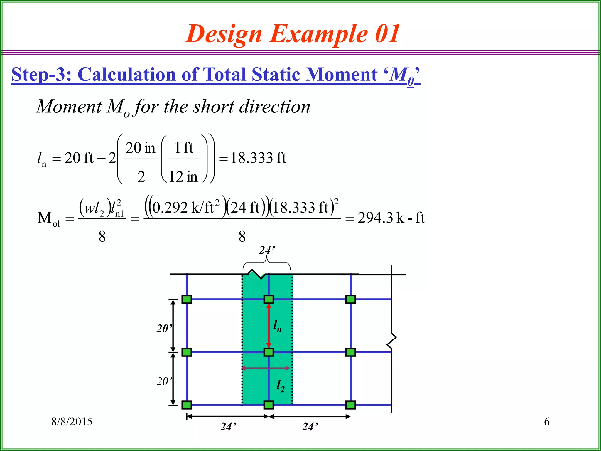 8/8/2015 6
Design Example 01
Step-3: Calculation of Total Static Moment ‘M0’
Moment Mo for the short direction
       ft-k3.294
8
ft333.18ft24k/ft292.0
8
M
ft333.18
in12
ft1
2
in20
2ft20
222
n12
ol
n



















lwl
l
24’ 24’
20’
20’
24’
l2
ln
 