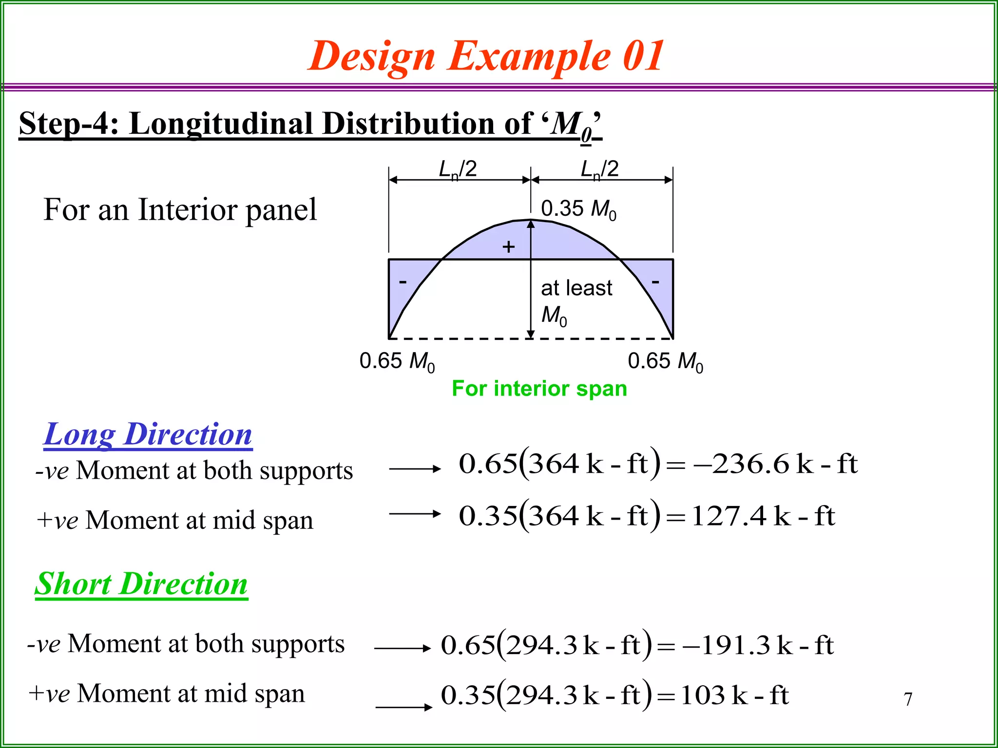 7
Design Example 01
Step-4: Longitudinal Distribution of ‘M0’
For an Interior panel
For interior span
0.35 M0
Ln/2 Ln/2
0.65 M0 0.65 M0
at least
M0
+
- -
 
  ft-k4.127ft-k36435.0
ft-k6.236ft-k64365.0

-ve Moment at both supports
+ve Moment at mid span
Long Direction
-ve Moment at both supports
+ve Moment at mid span
 
  ft-k103ft-k94.3235.0
ft-k3.191ft-k94.3265.0


Short Direction
 