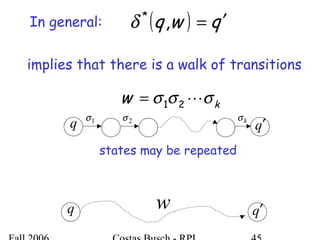 ( ) qwq ′=,*
δ
q q′w
q q′
kw σσσ 21=
1σ 2σ kσ
states may be repeated
In general:
implies that there is a walk of transitions
 
