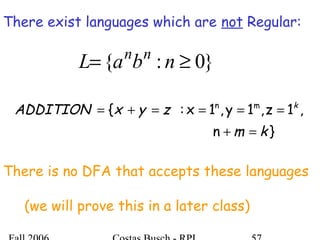 There exist languages which are not Regular:
}0:{ ≥= nbaL nn
There is no DFA that accepts these languages
(we will prove this in a later class)
}n
,1z,1y,1x:{ mn
km
zyxADDITION k
=+
====+=
 