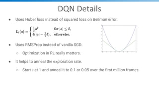 DQN Details
● Uses Huber loss instead of squared loss on Bellman error:
● Uses RMSProp instead of vanilla SGD.
○ Optimizat...