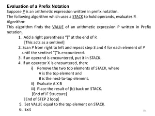 78
Evaluation of a Prefix Notation
Suppose P is an arithmetic expression written in prefix notation.
The following algorithm which uses a STACK to hold operands, evaluates P.
Algorithm:
This algorithm finds the VALUE of an arithmetic expression P written in Prefix
notation.
1. Add a right parenthesis “(” at the end of P.
[This acts as a sentinel]
2. Scan P from right to left and repeat step 3 and 4 for each element of P
until the sentinel “(”is encountered.
3. If an operand is encountered, put it in STACK.
4. If an operator X is encountered, then:
i) Remove the two top elements of STACK, where
A is the top element and
B is the next-to-top element.
ii) Evaluate A X B
iii) Place the result of (b) back on STACK.
[End of IF Structure]
[End of STEP 2 loop]
5. Set VALUE equal to the top element on STACK.
6. Exit
 