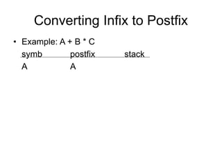 Converting Infix to Postfix
• Example: A + B * C
symb postfix stack
A A
 