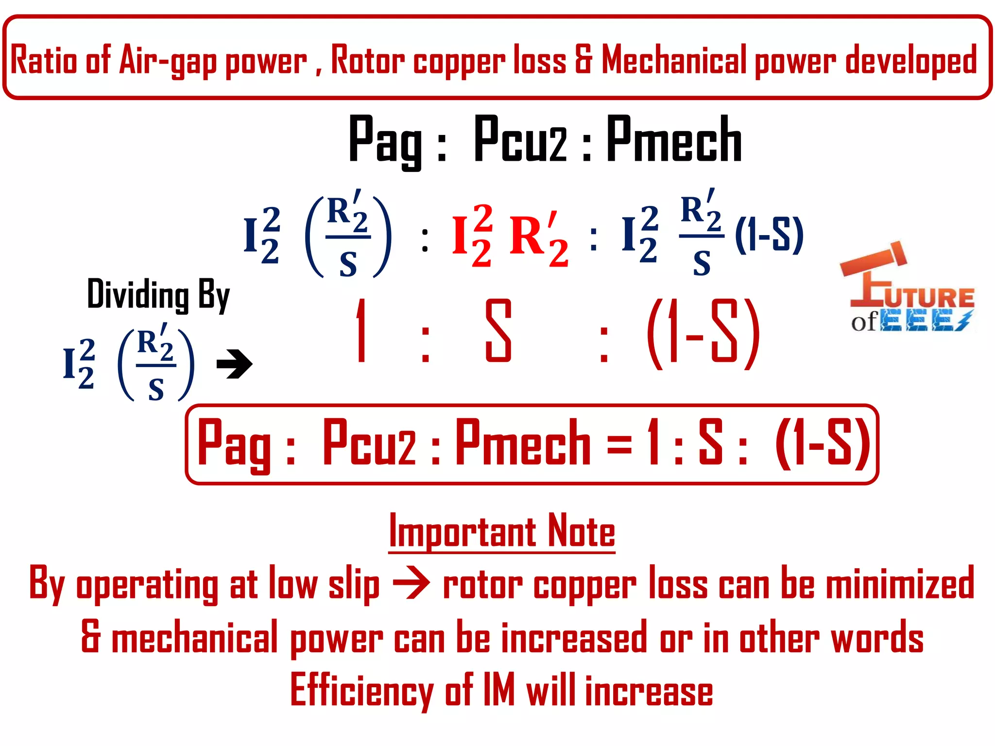 Ratio of Air-gap power , Rotor copper loss & Mechanical power developed
Pag : Pcu2 : Pmech = 1 : S : (1-S)
𝐈 𝟐
𝟐 𝐑 𝟐
′
𝐒
: 𝐈 𝟐
𝟐
𝐑 𝟐
′ : 𝐈 𝟐
𝟐 𝐑 𝟐
′
𝐒
(1-S)
Dividing By
𝐈 𝟐
𝟐 𝐑 𝟐
′
𝐒
 1 : S : (1-S)
Pag : Pcu2 : Pmech
Important Note
By operating at low slip  rotor copper loss can be minimized
& mechanical power can be increased or in other words
Efficiency of IM will increase
 