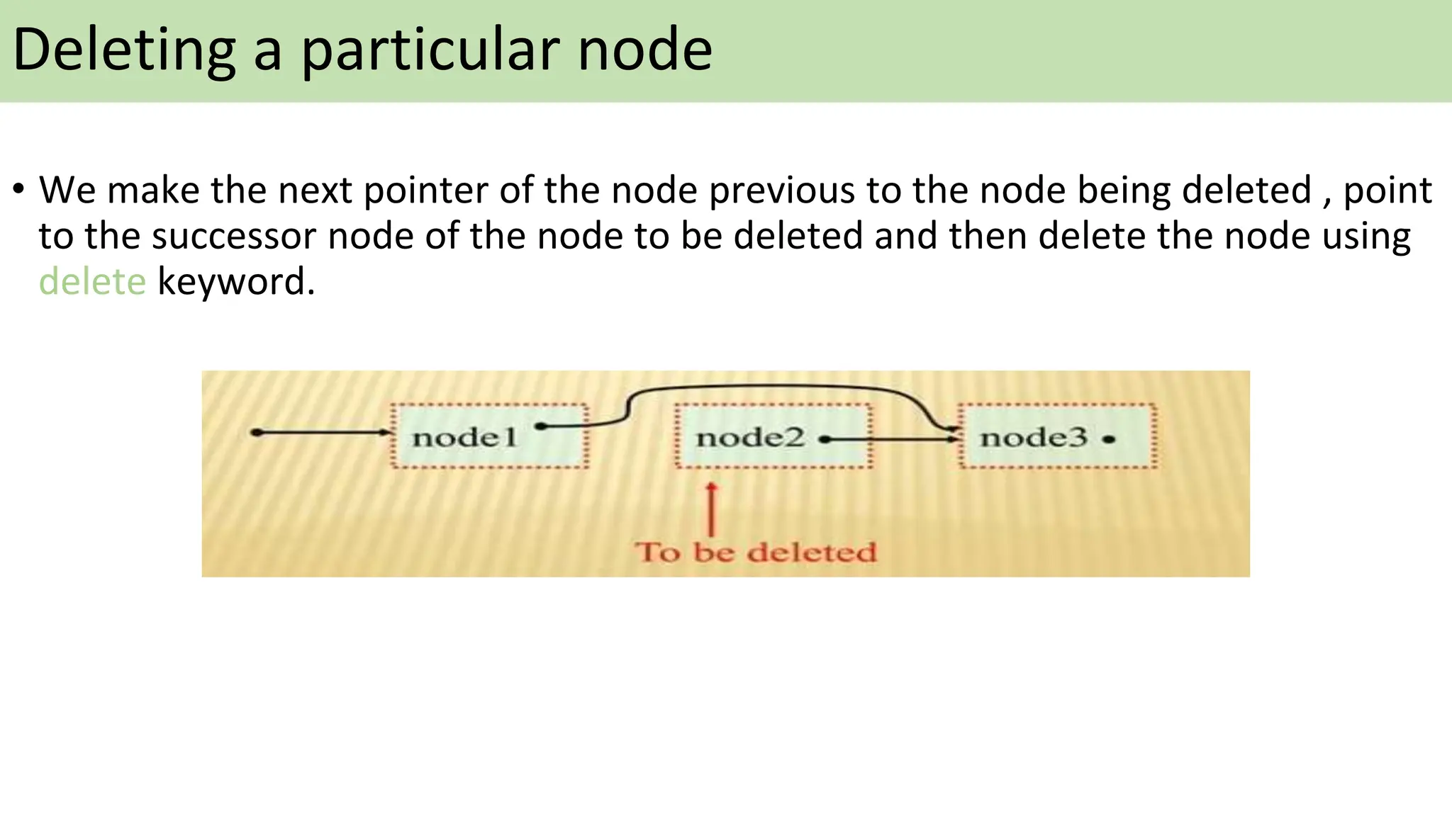 Deleting a particular node
• We make the next pointer of the node previous to the node being deleted , point
to the successor node of the node to be deleted and then delete the node using
delete keyword.
 
