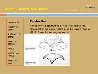 DEFINATION
HISTORY OF
DOME
ELEMENTS OF
DOME
TYPES OF
DOMES
VAULTS
HISTORY OF
VAULTS
TYPES OF
VAULTS
 Pendentive
 A Pendentive is constructive device which allows the
placement of the circular dome over the square room or
elliptical over the rectangular room.
UNIT III : VAULTS AND DOMES
Presented by
Ar. Santosh
Asst. Professor, GITAM School of Architecture
 