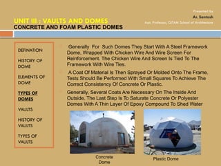 DEFINATION
HISTORY OF
DOME
ELEMENTS OF
DOME
TYPES OF
DOMES
VAULTS
HISTORY OF
VAULTS
TYPES OF
VAULTS
 Generally For Such Domes They Start With A Steel Framework
Dome, Wrapped With Chicken Wire And Wire Screen For
Reinforcement. The Chicken Wire And Screen Is Tied To The
Framework With Wire Ties.
 A Coat Of Material Is Then Sprayed Or Molded Onto The Frame.
Tests Should Be Performed With Small Squares To Achieve The
Correct Consistency Of Concrete Or Plastic.
 Generally, Several Coats Are Necessary On The Inside And
Outside. The Last Step Is To Saturate Concrete Or Polyester
Domes With A Thin Layer Of Epoxy Compound To Shed Water
CONCRETE AND FOAM PLASTIC DOMES
Concrete
Dome
Plastic Dome
UNIT III : VAULTS AND DOMES
Presented by
Ar. Santosh
Asst. Professor, GITAM School of Architecture
 