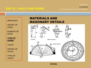 DEFINATION
HISTORY OF
DOME
ELEMENTS OF
DOME
TYPES OF
DOMES
VAULTS
HISTORY OF
VAULTS
TYPES OF
VAULTS
MATERIALS AND
MASONARY DETAILS
bricks
UNIT III : VAULTS AND DOMES
Presented by
Ar. Santosh
Asst. Professor, GITAM School of Architecture
 