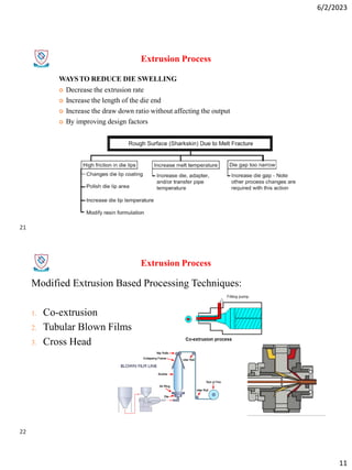6/2/2023
11
Extrusion Process
WAYSTO REDUCE DIE SWELLING
 Decrease the extrusion rate
 Increase the length of the die end
 Increase the draw down ratio without affecting the output
 By improving design factors
Modified Extrusion Based Processing Techniques:
1. Co-extrusion
2. Tubular Blown Films
3. Cross Head
Extrusion Process
21
22
 
