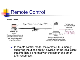 Remote Control
 In remote control mode, the remote PC is merely
supplying input and output devices for the local client
that interacts as normal with the server and other
LAN resources.
 