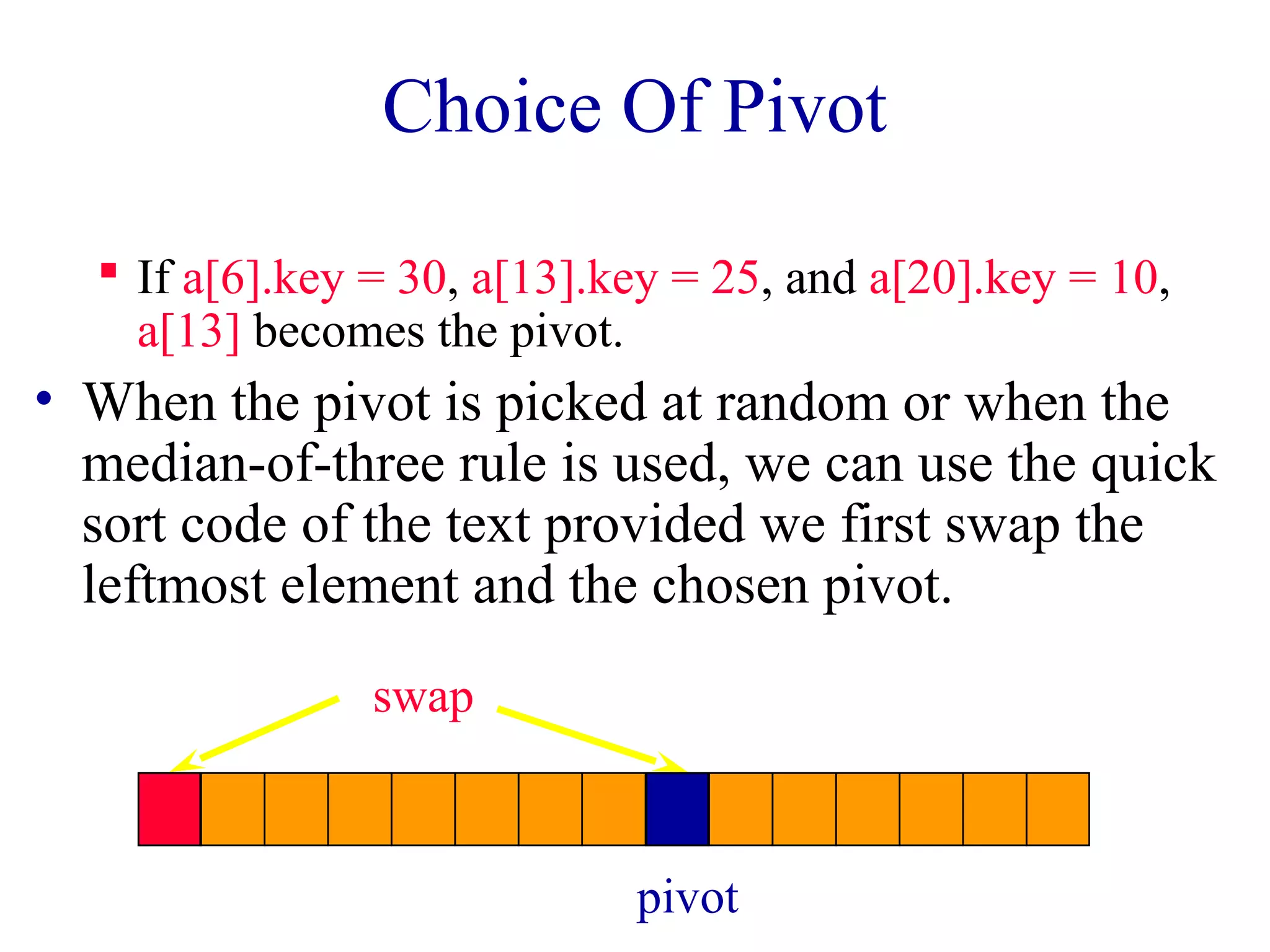 Choice Of Pivot 
 If a[6].key = 30, a[13].key = 25, and a[20].key = 10, 
a[13] becomes the pivot. 
• When the pivot is picked at random or when the 
median-of-three rule is used, we can use the quick 
sort code of the text provided we first swap the 
leftmost element and the chosen pivot. 
pivot 
swap 
 