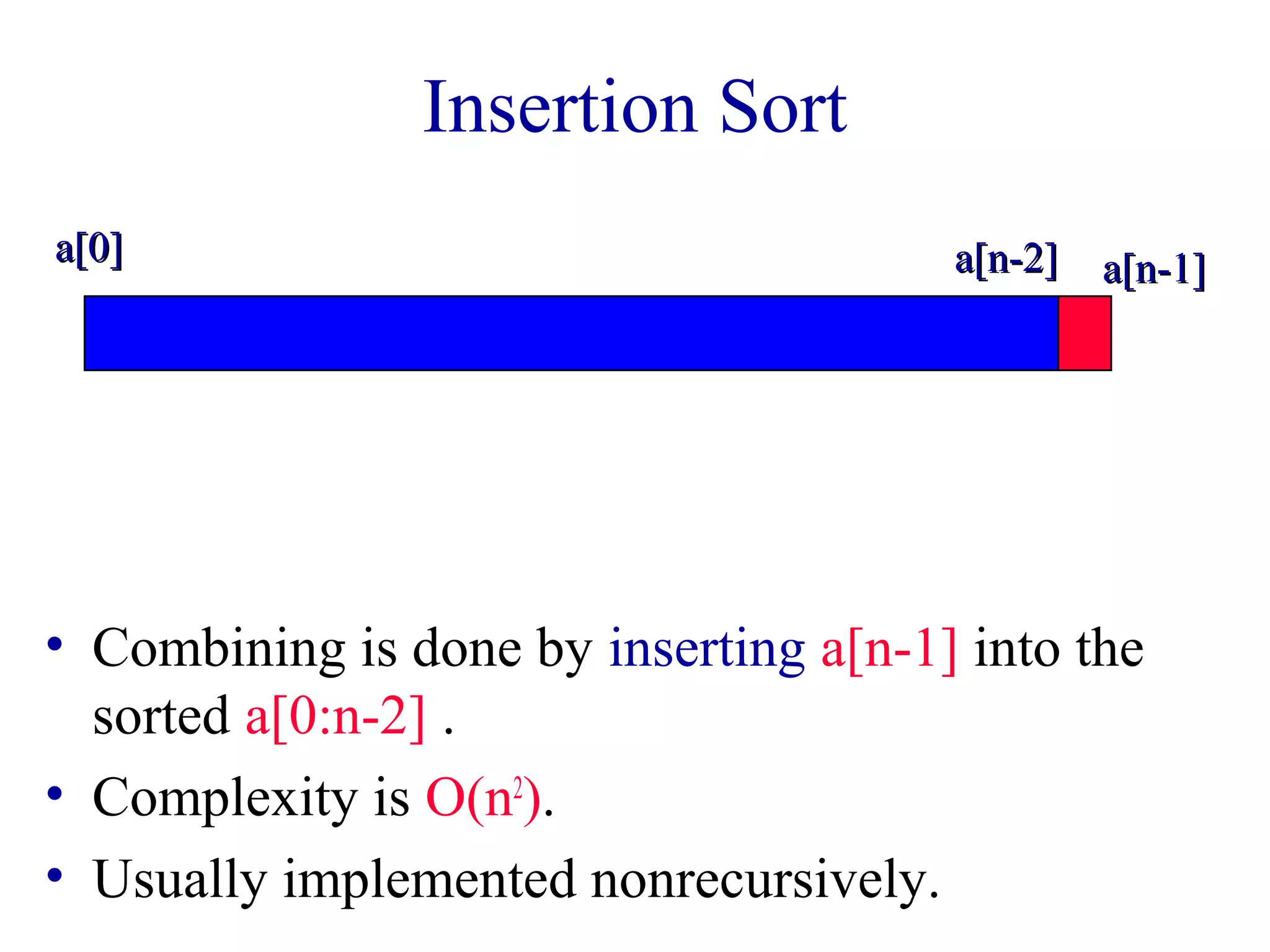 Insertion Sort 
aa[[00]] aa[[nn--22]] aa[[nn--11]] 
• Combining is done by inserting a[n-1] into the 
sorted a[0:n-2] . 
• Complexity is O(n2). 
• Usually implemented nonrecursively. 
 
