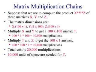 Matrix Multiplication Chains 
• Suppose that we are to compute the product X*Y*Z of 
three matrices X, Y and Z. 
• The matrix dimensions are: 
 X:(100 x 1), Y:(1 x 100), Z:(100 x 1) 
• Multiply X and Y to get a 100 x 100 matrix T. 
 100 * 1 * 100 = 10,000 multiplications. 
• Multiply T and Z to get the 100 x 1 answer. 
 100 * 100 * 1 = 10,000 multiplications. 
• Total cost is 20,000 multiplications. 
• 10,000 units of space are needed for T. 
 