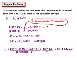 Sample Problem:
Sample Problem:
Sample Problem:
If a reaction doubles its rate when the temperature is increased
from 305 K to 315 K, what is the activation energy?
k = A∞
∞
∞
∞ e-Ea/RT
k(315 K) = A∞
∞
∞
∞ e-Ea/R(315 K) = 2
k(305 K) A∞
∞
∞
∞ e-Ea/R(305 K)
2 = e-Ea(1/305 – 1/315)/R
A∞
∞
∞
∞ is approximately T independent
ln2 = -Ea(1/305 – 1/315)/R
Ea = ln2 (8.3145 J mol-1 K-1) 10-3 kJ
0.0001041 K-1 J
= 55.4 kJ/mol
 