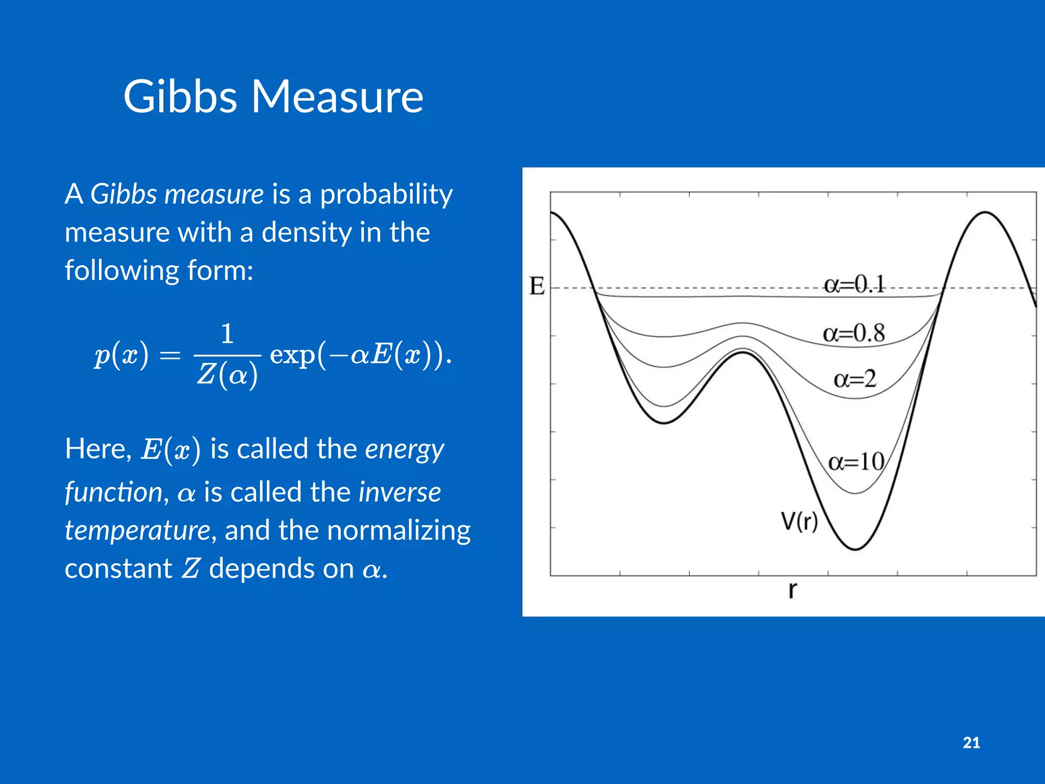 Gibbs%Measure
A"Gibbs%measure"is"a"probability"
measure"with"a"density"in"the"
following"form:
Here,% %is%called%the%energy&
func*on,% %is%called%the%inverse&
temperature,%and%the%normalizing%
constant% %depends%on% .
21
 