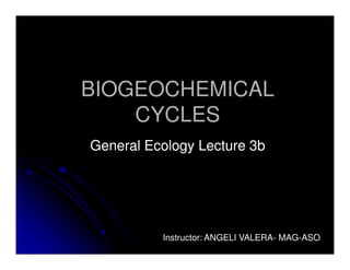 BIOGEOCHEMICALBIOGEOCHEMICAL
CYCLESCYCLES
General Ecology Lecture 3bGeneral Ecology Lecture 3b
Instructor: ANGELI VALERA- MAG-ASO
 