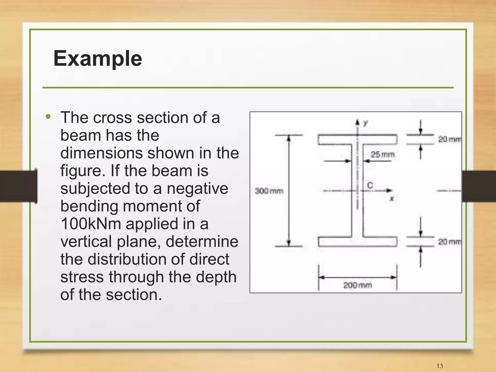 Example
• The cross section of a
beam has the
dimensions shown in the
figure. If the beam is
subjected to a negative
bending moment of
100kNm applied in a
vertical plane, determine
the distribution of direct
stress through the depth
of the section.
13
 