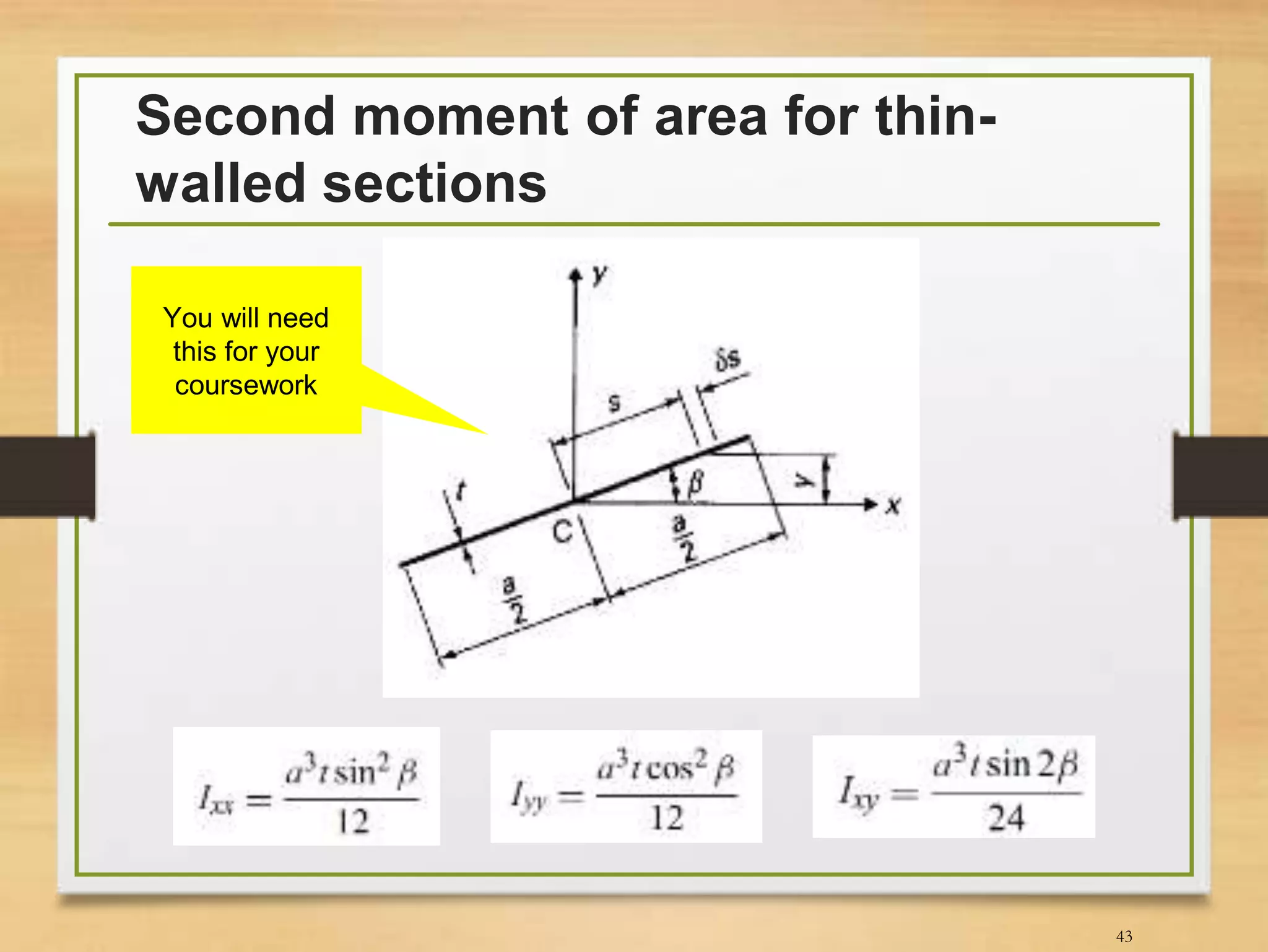 Second moment of area for thin-
walled sections
43
You will need
this for your
coursework
 