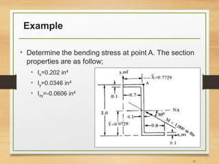 Example
• Determine the bending stress at point A. The section
properties are as follow;
• Ix=0.202 in4
• Iy=0.0346 in4
• Ixy=-0.0606 in4
31
 
